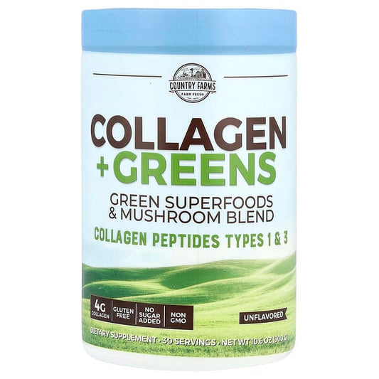 Collagen + Greens supplement container with a blue lid and green field design on a white background