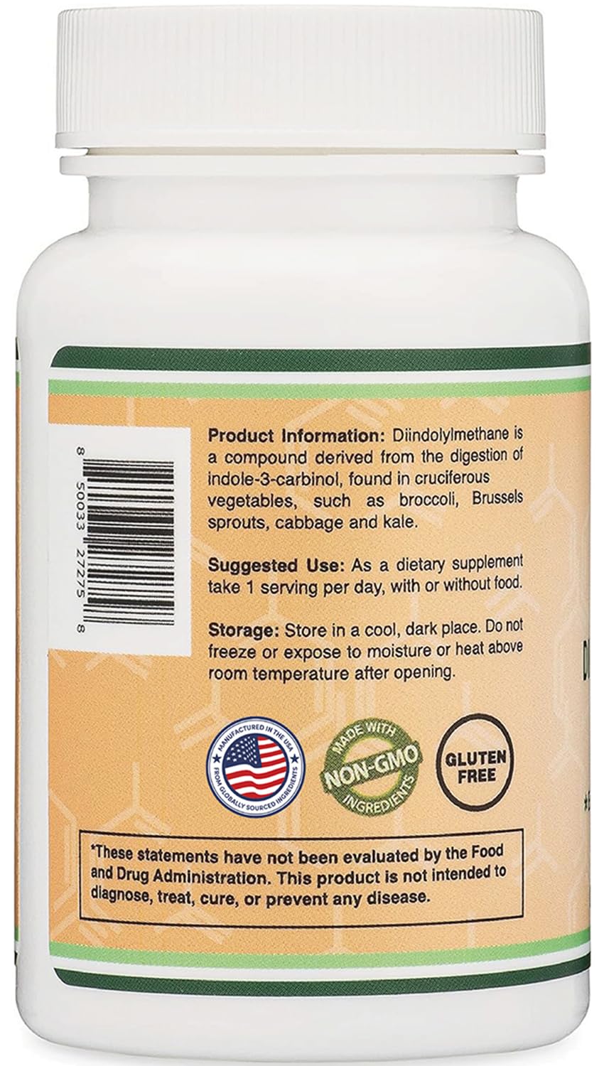 Supplement bottle labeled 'DIM Diindolymethane' with capsules on a white background