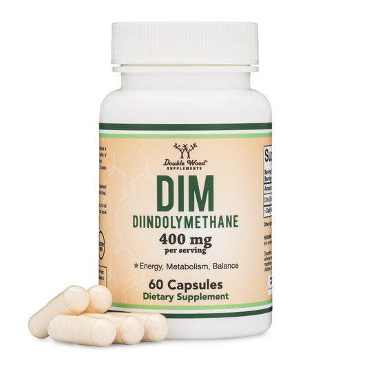 Supplement bottle labeled 'DIM Diindolymethane' with capsules on a white background