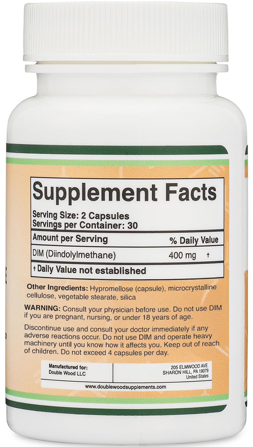 Supplement bottle labeled 'DIM Diindolymethane' with capsules on a white background