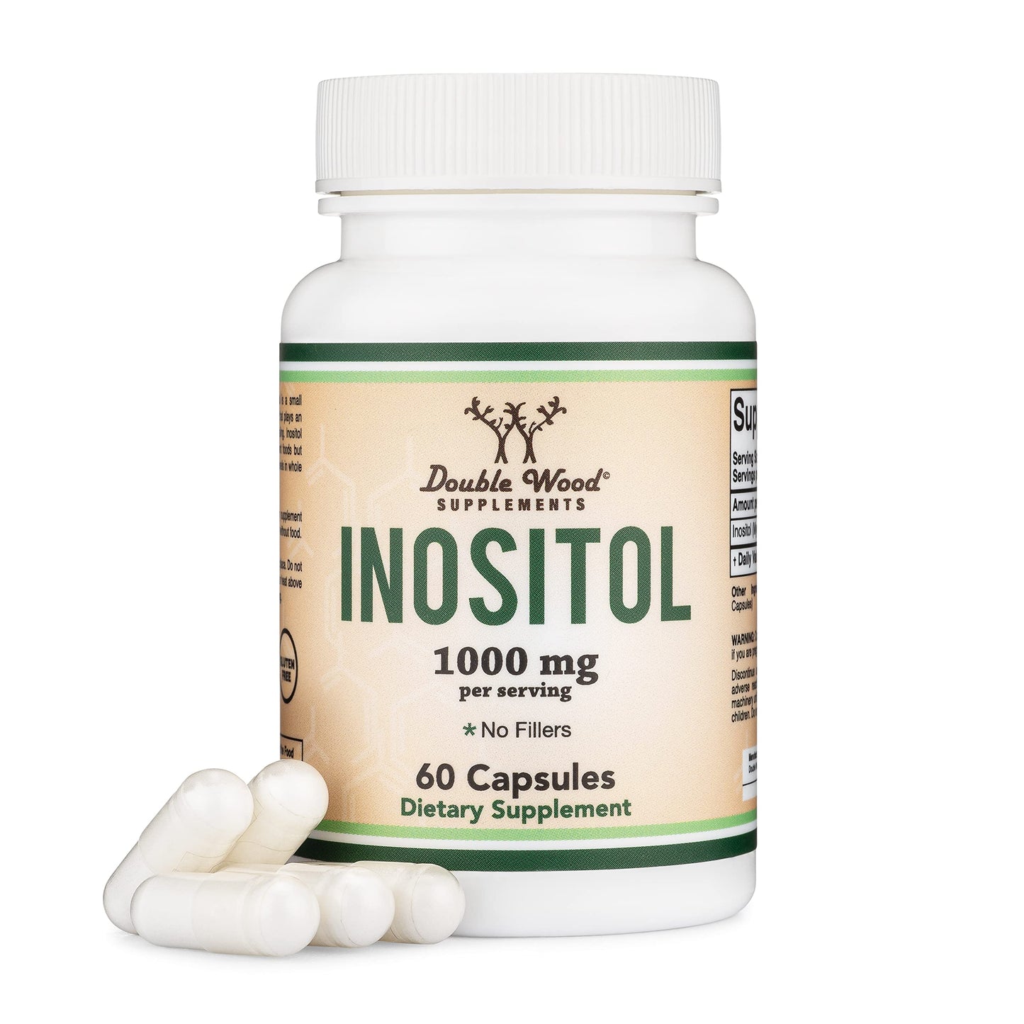Supplement bottle labeled 'INOSITOL' with capsules on a white background