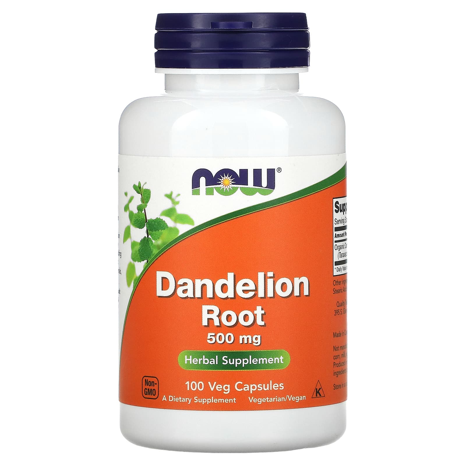 Supplement bottle labeled 'Dandelion Root' with Now brand on a white background