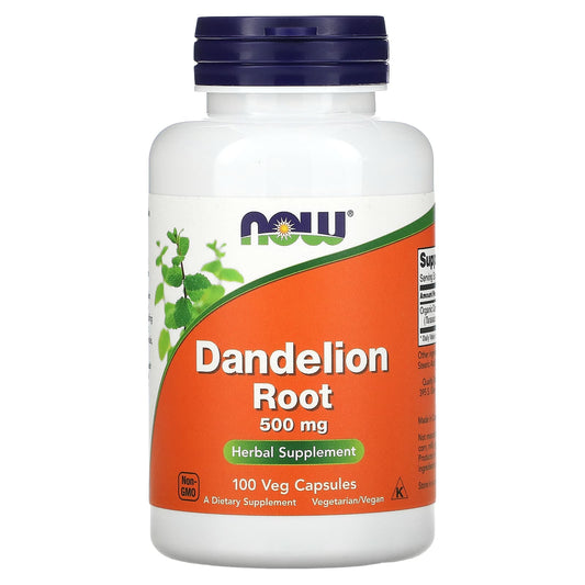 Supplement bottle labeled 'Dandelion Root' with Now brand on a white background