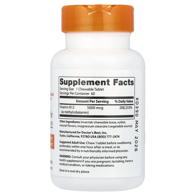 Supplement bottle labeled 'Doctor's Best Chewable Fully Active B12' on a white background