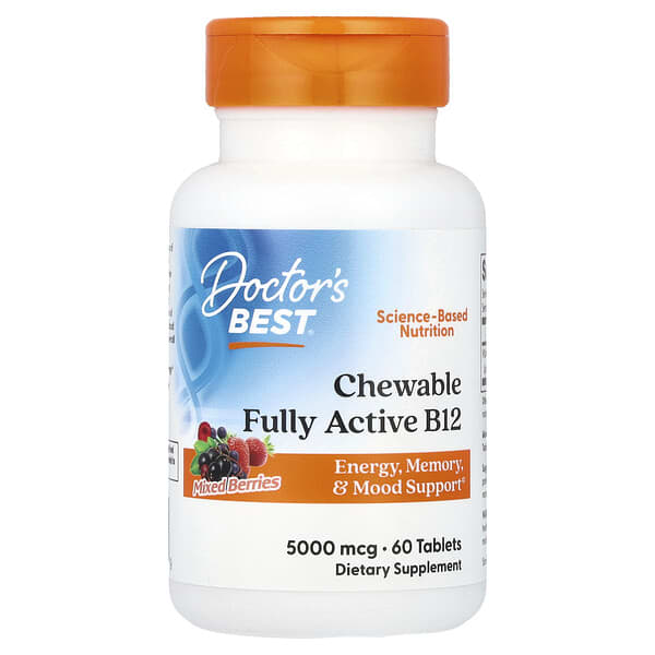 Supplement bottle labeled 'Doctor's Best Chewable Fully Active B12' on a white background