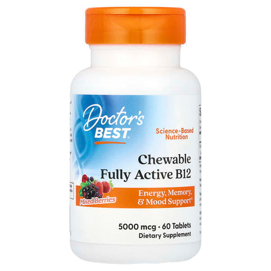 Supplement bottle labeled 'Doctor's Best Chewable Fully Active B12' on a white background