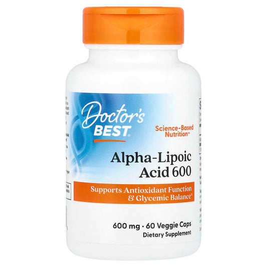 Supplement bottle labeled 'Doctor's Best Alpha-Lipoic Acid 600' on a white background