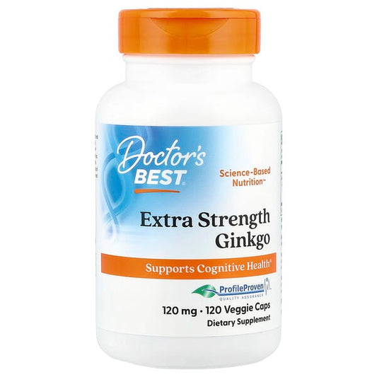 Supplement bottle labeled 'Doctor's Best Extra Strength Ginkgo' on a white background