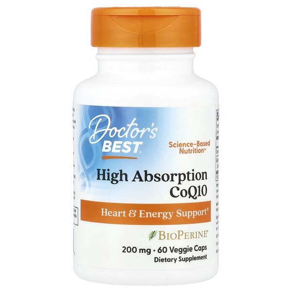 Supplement bottle labeled 'Doctor's Best High Absorption CoQ10' on a white background