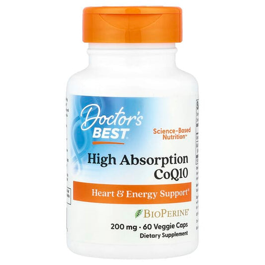 Supplement bottle labeled 'Doctor's Best High Absorption CoQ10' on a white background