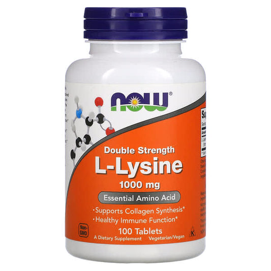 Supplement bottle labeled 'Double Strength L-Lysine 1000 mg' by NOW on a white background
