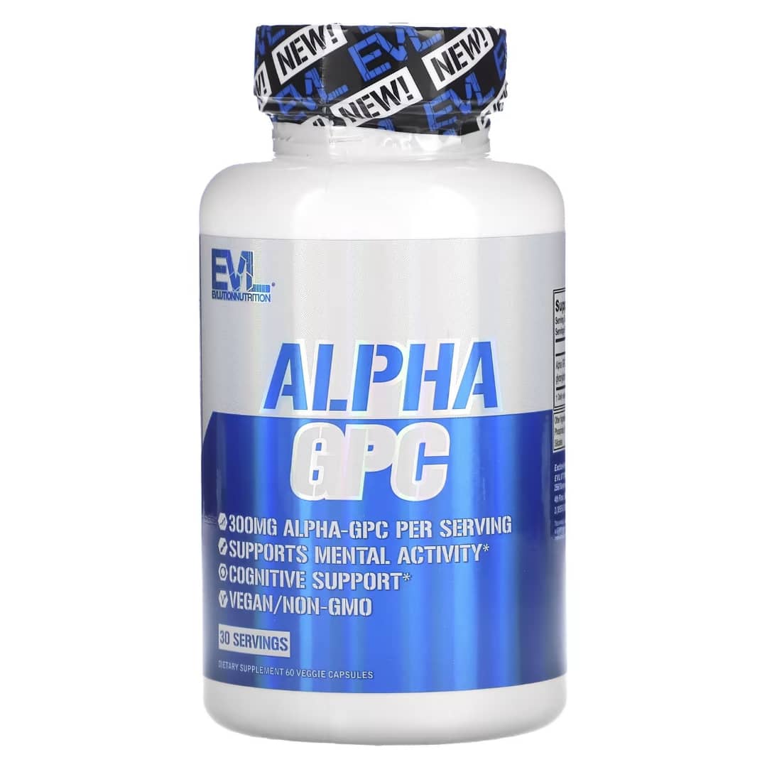 Supplement bottle labeled 'Alpha GPC' with blue and white design on a white background