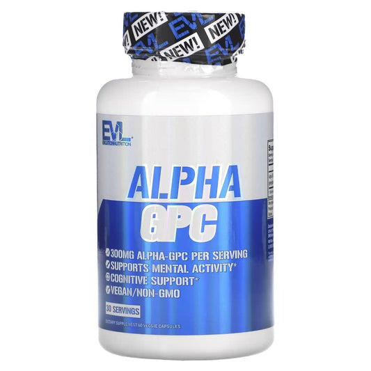 Supplement bottle labeled 'Alpha GPC' with blue and white design on a white background