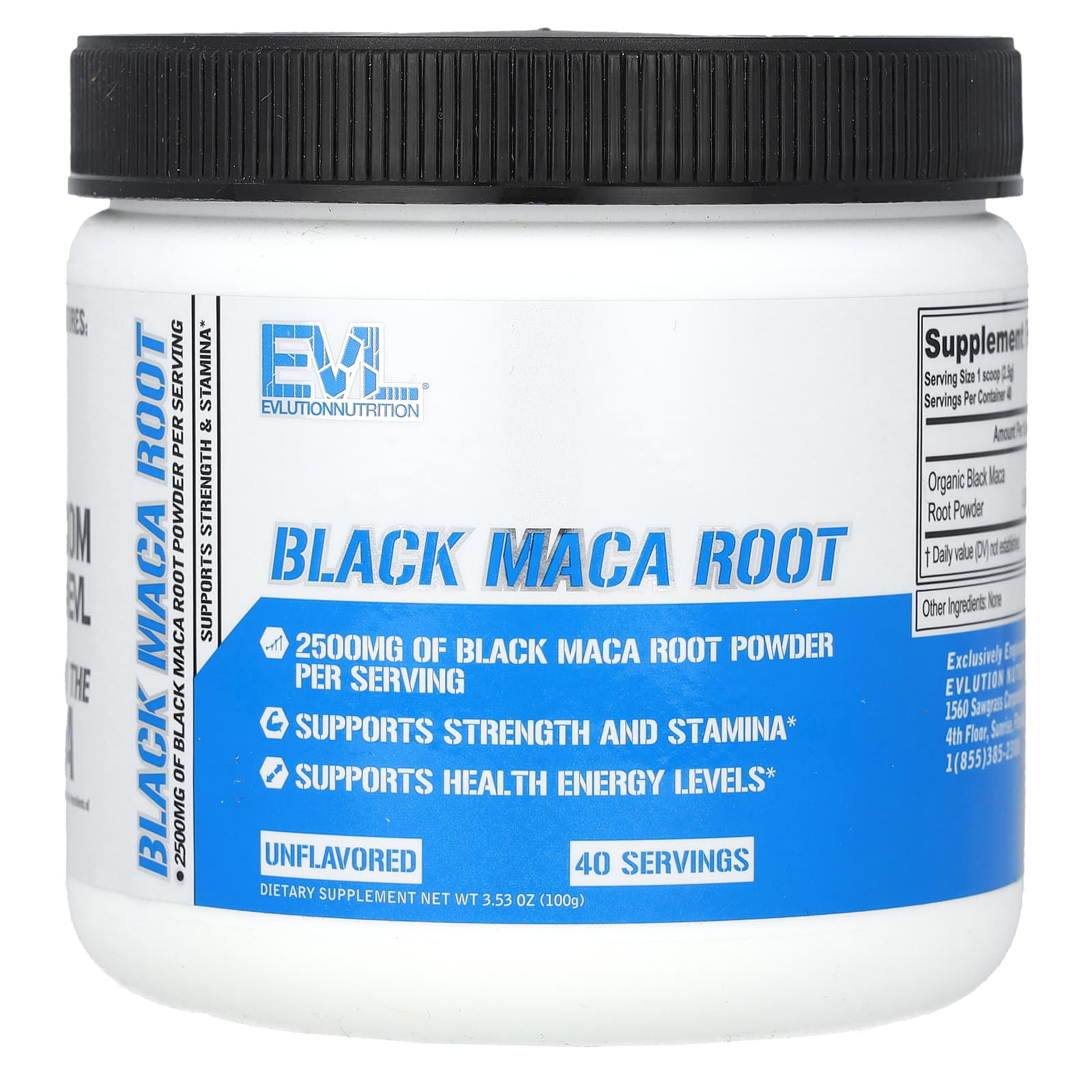 EVL Black Maca Root supplement container on a white background