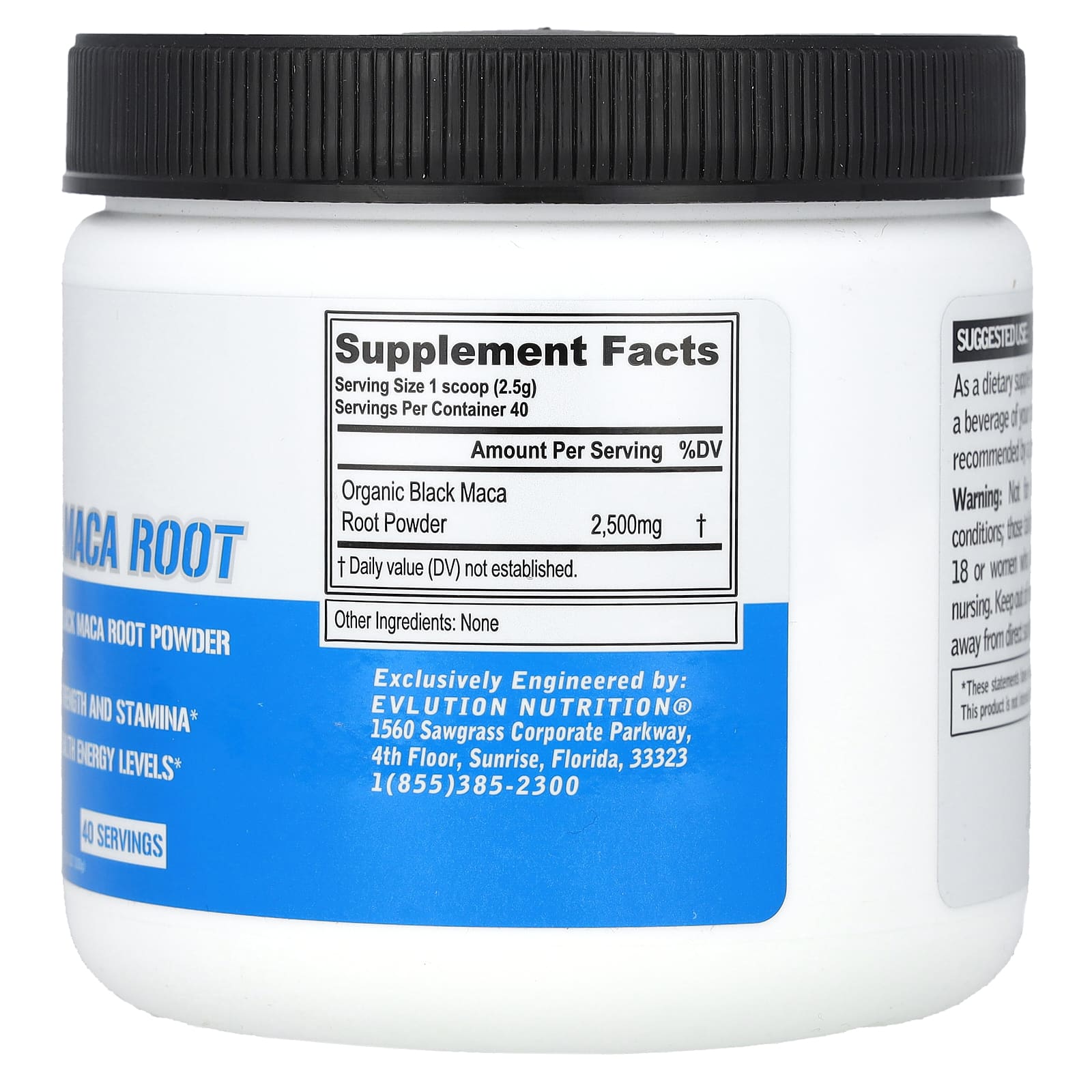 Supplement container with maca root powder on a white background