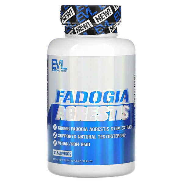 Supplement bottle labeled 'Fadogia Agrestis' with EVL Nutrition branding on a white background
