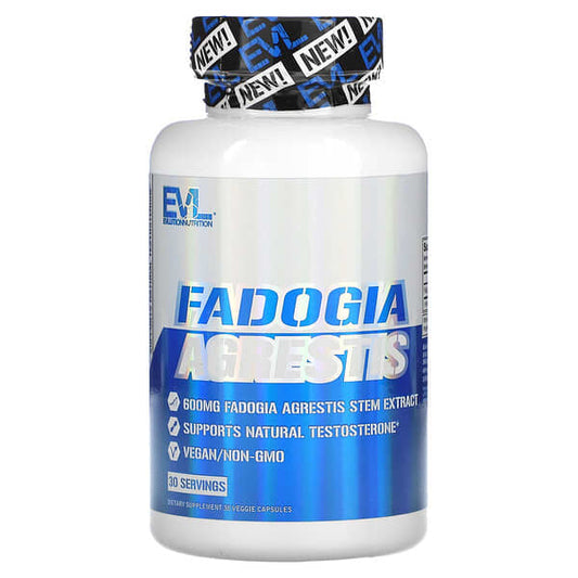 Supplement bottle labeled 'Fadogia Agrestis' with EVL Nutrition branding on a white background