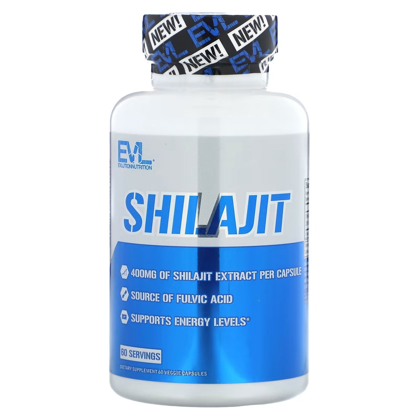 Bottle of Shilajit supplement with blue and white design on a white background