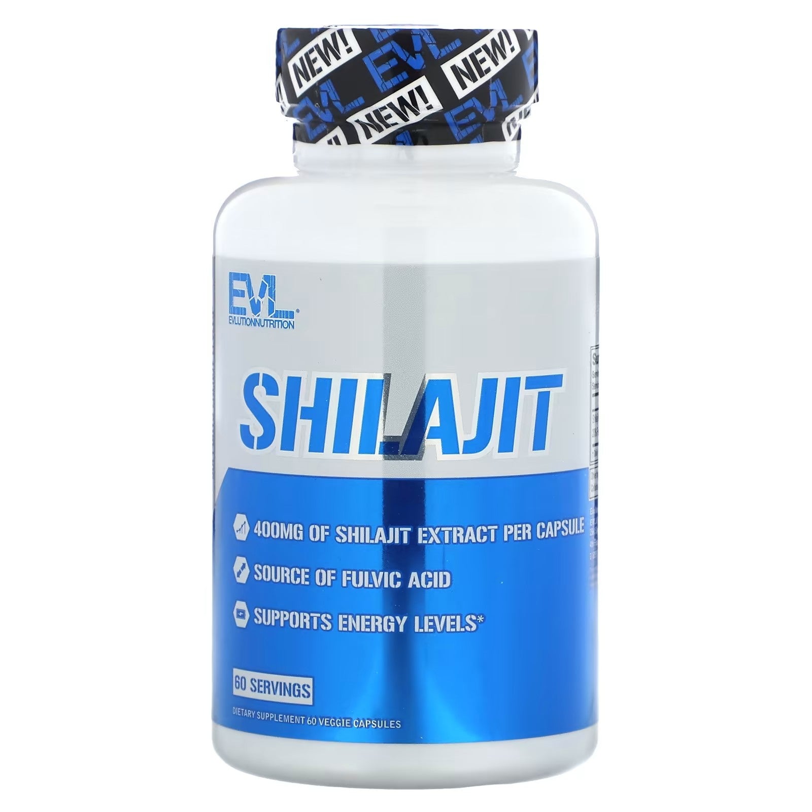 Bottle of Shilajit supplement with blue and white design on a white background