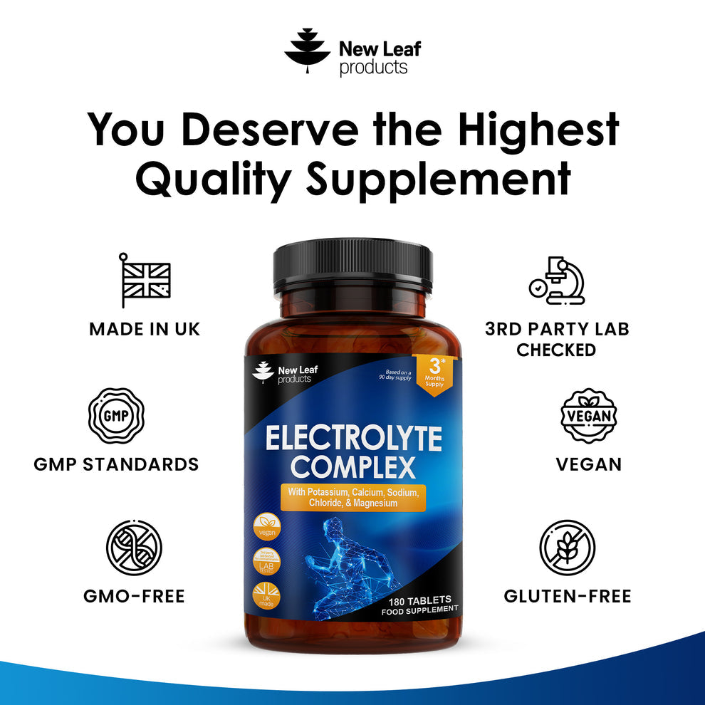Bottle of New Leaf products Electrolyte Complex with certification icons on a white background