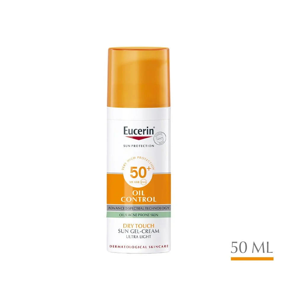 Eucerin oil control sun gel-cream bottle on a white background