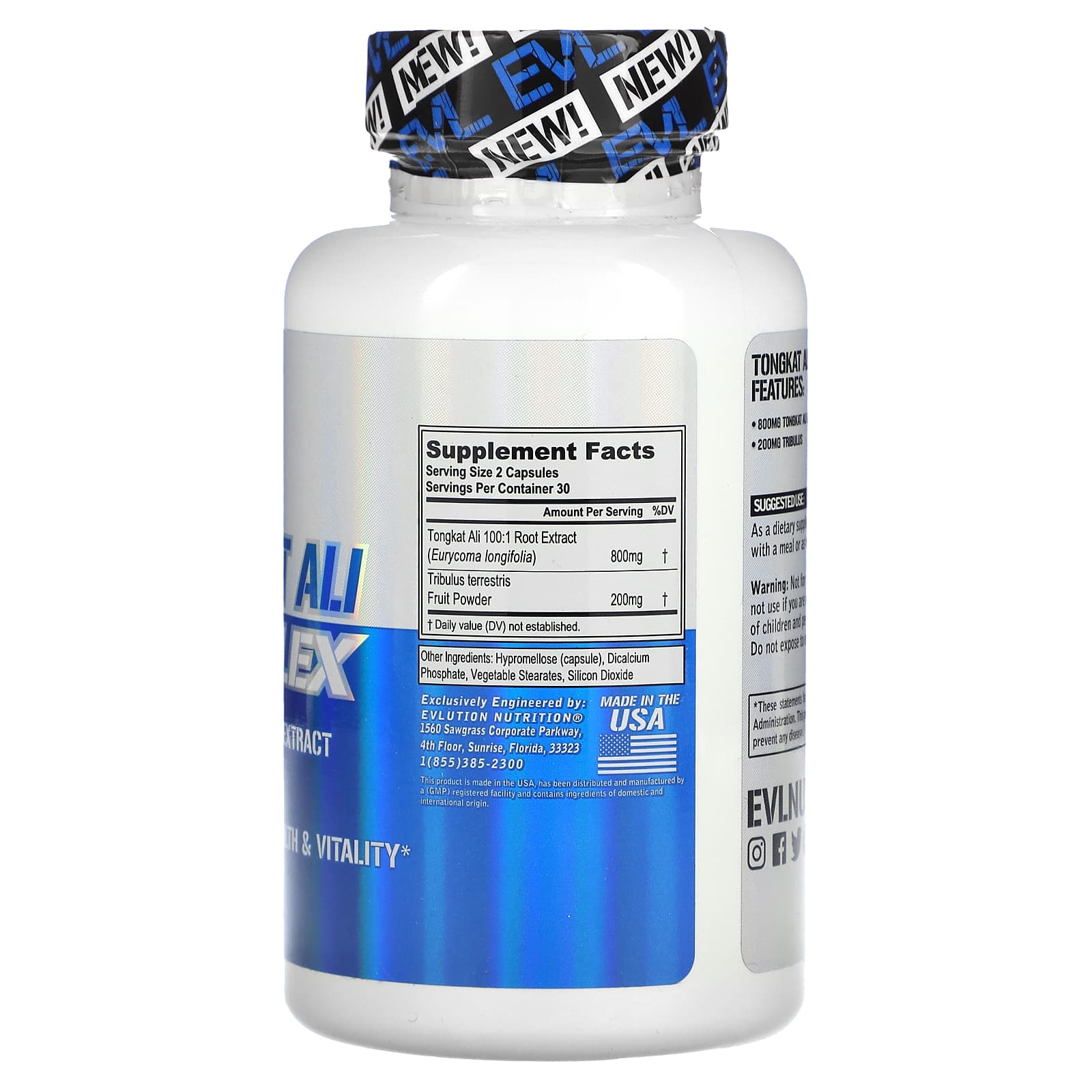 Supplement bottle with blue label and white container on a white background