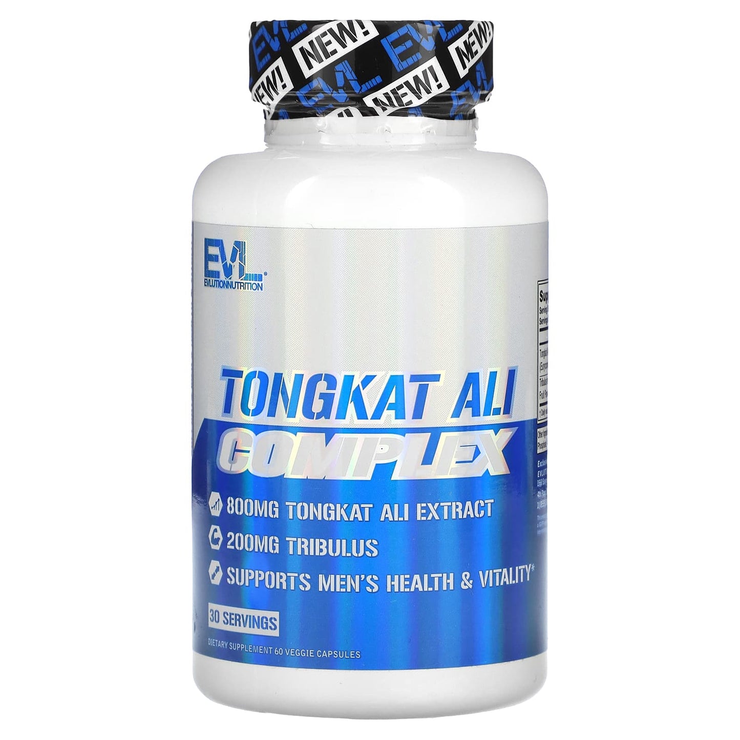 Supplement bottle labeled 'Tongkat Ali Complex' with blue and white design on a white background