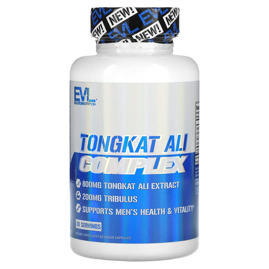 Supplement bottle labeled 'Tongkat Ali Complex' with blue and white design on a white background