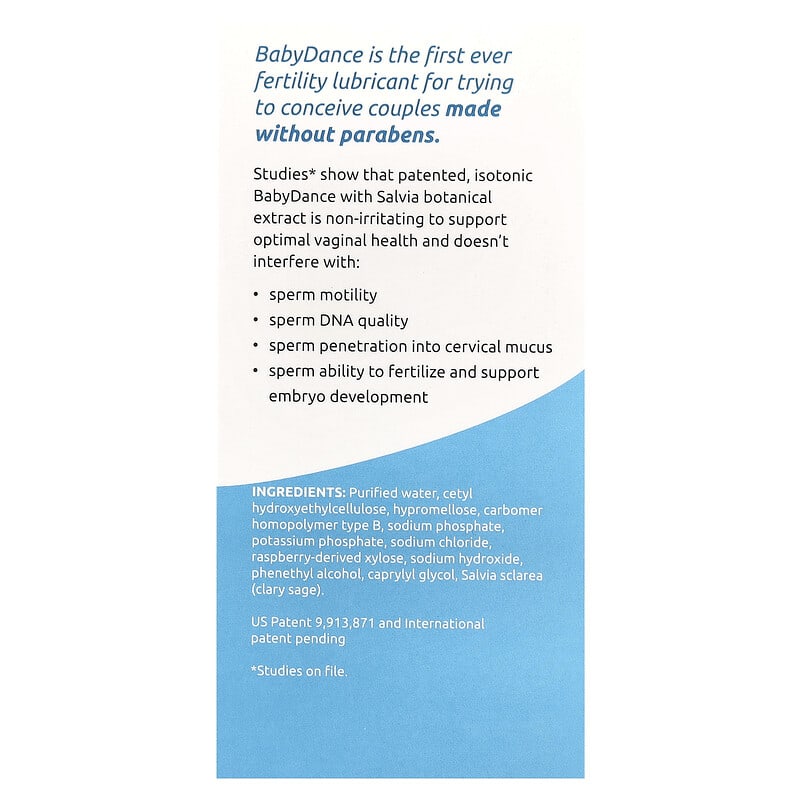 Product description card for BabyDance fertility lubricant with text and blue accent on a white background