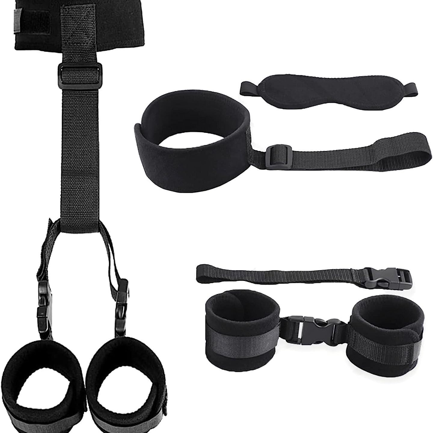 Black restraint set including blindfold, cuffs, and straps on a white background
