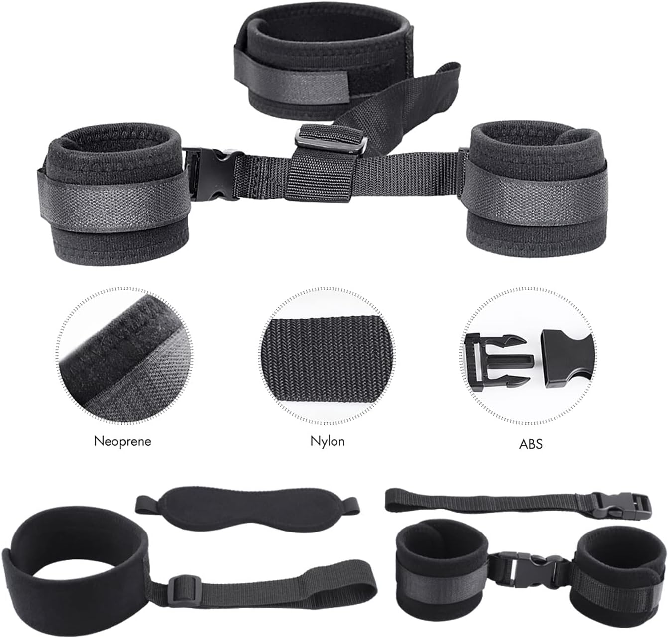 Black restraint straps with close-up details on a white background