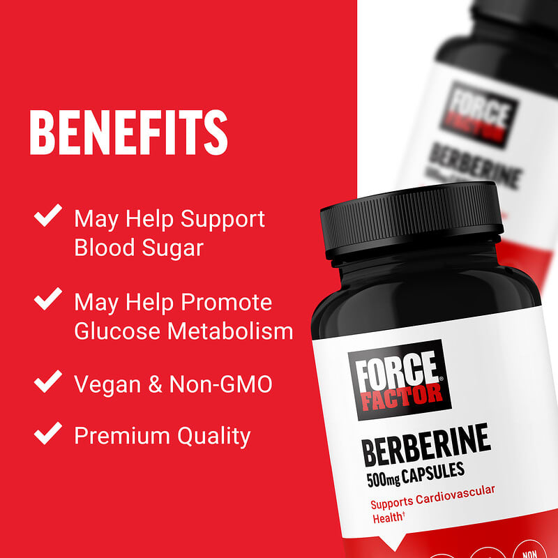 Force Factor Berberine supplement bottle with benefits listed on a red background