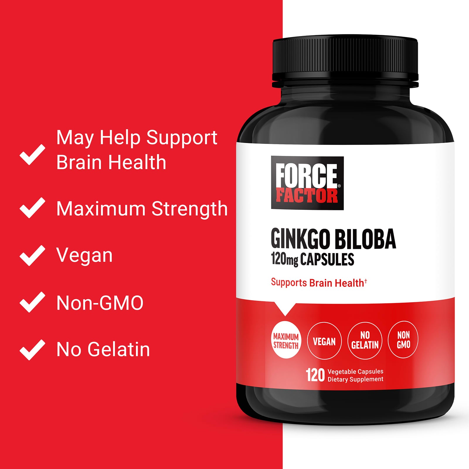 Force Factor Ginkgo Biloba supplement bottle with red and white background