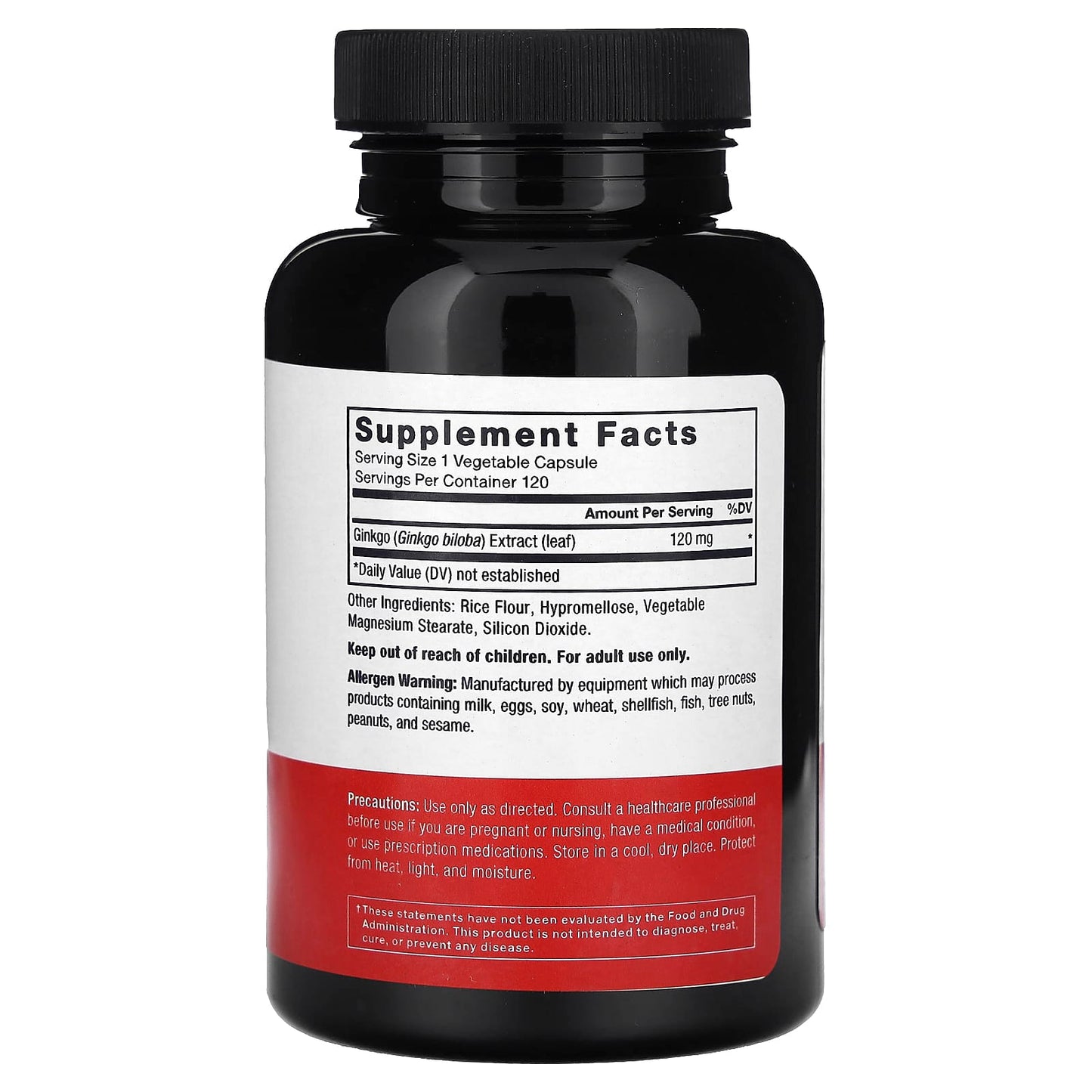 Black supplement bottle with a white label on a white background