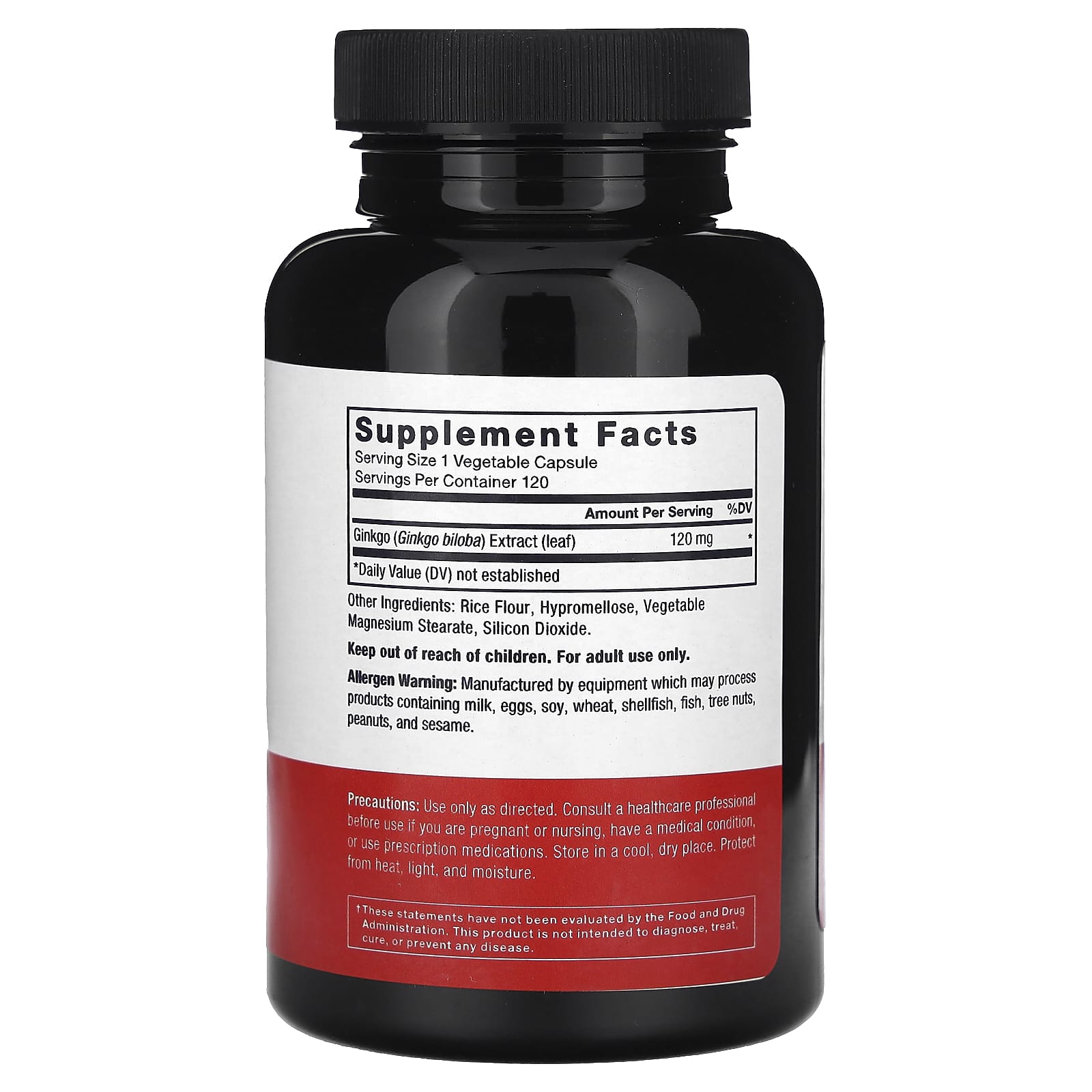 Black supplement bottle with a white label on a white background