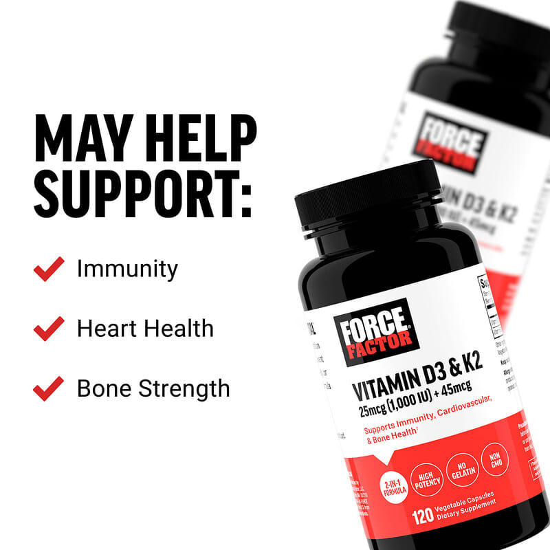 Force Factor Vitamin D3 & K2 supplement bottle with health benefits listed on a white background