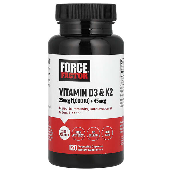 Force Factor Vitamin D3 & K2 supplement bottle on a white background