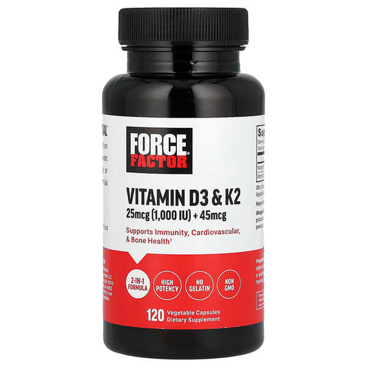 Force Factor Vitamin D3 & K2 supplement bottle on a white background