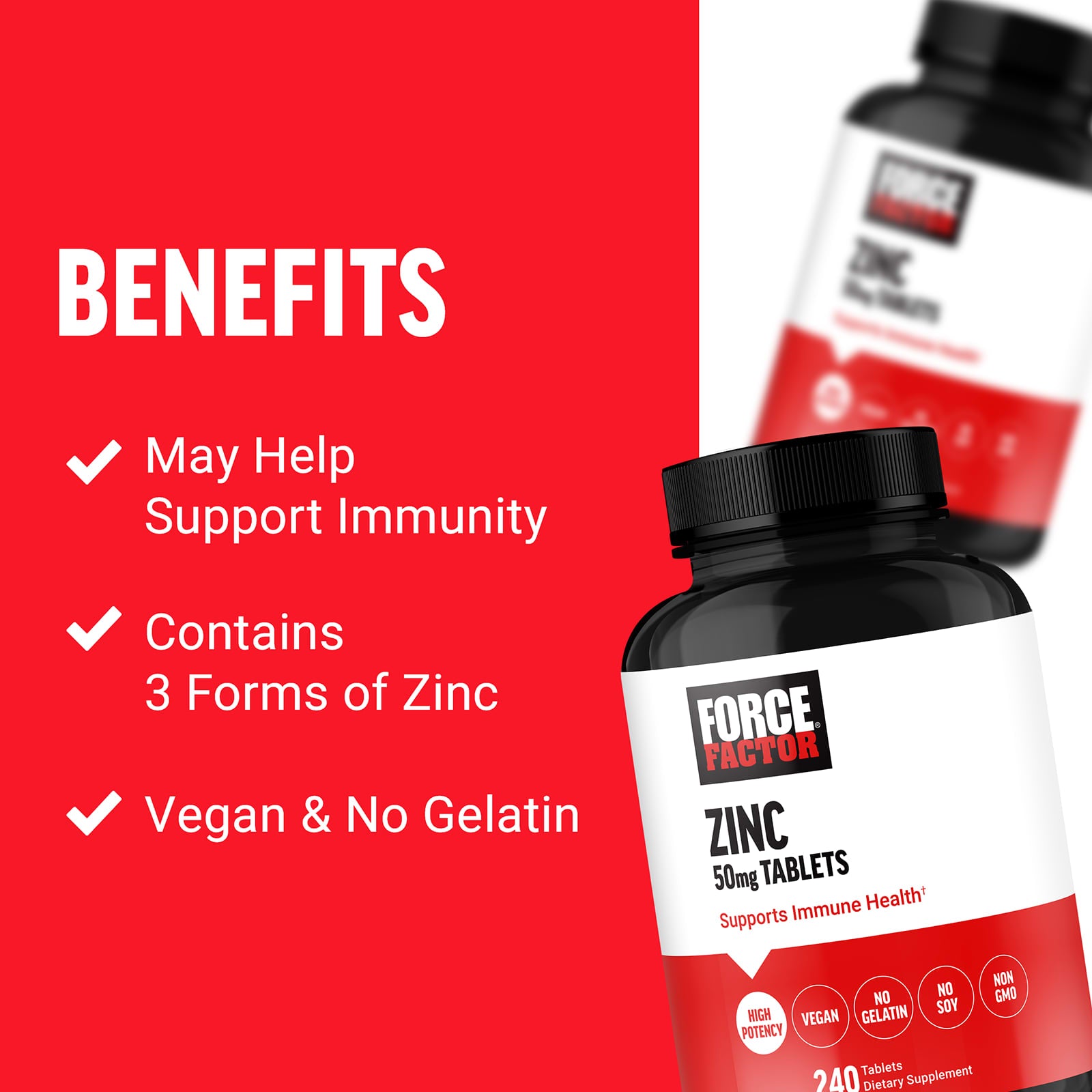 Force Factor Zinc supplement bottle with benefits listed on a red background