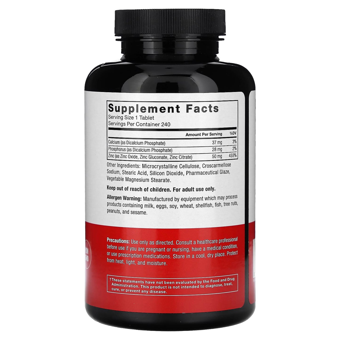 Supplement bottle with a focus on the back label displaying supplement facts.