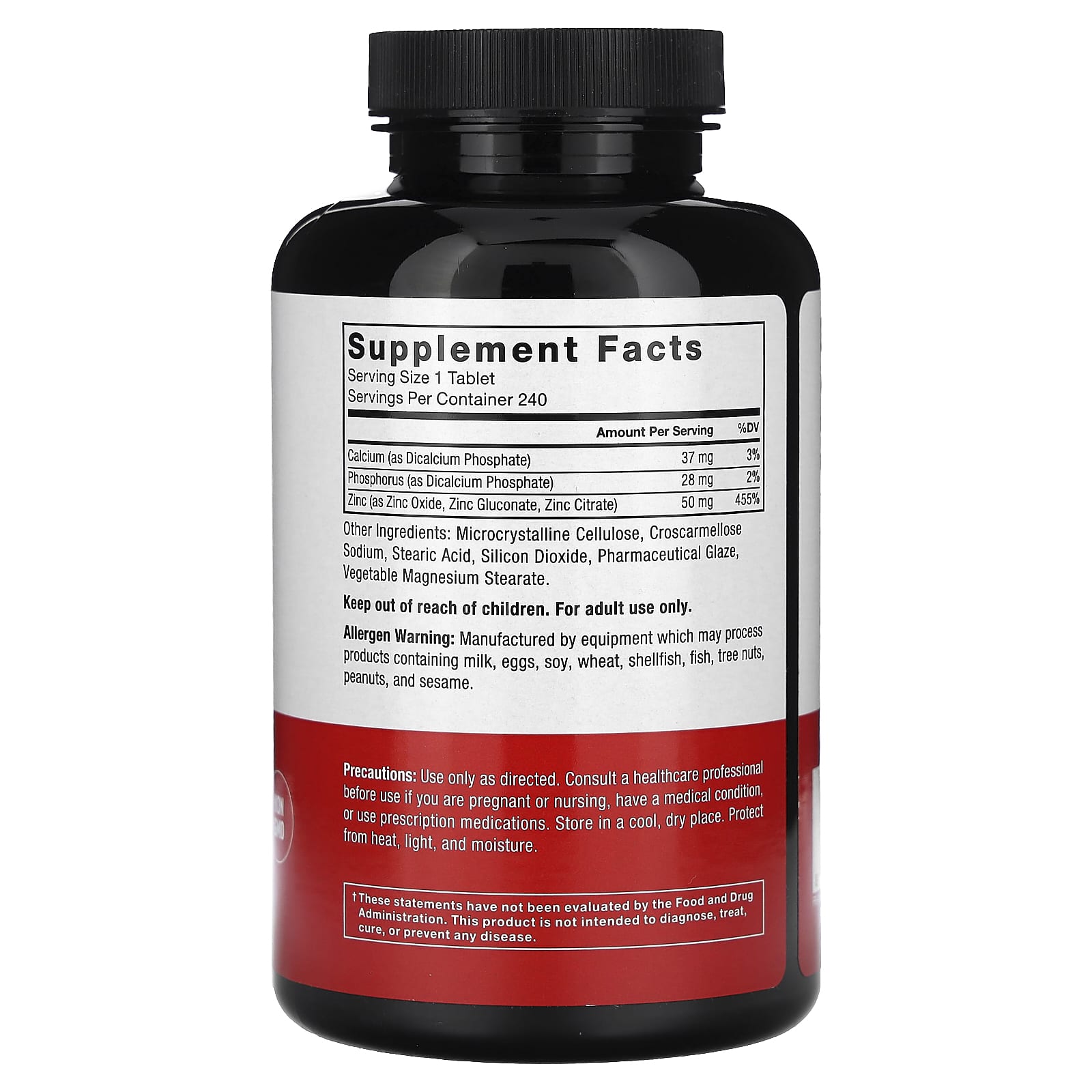 Supplement bottle with a focus on the back label displaying supplement facts.