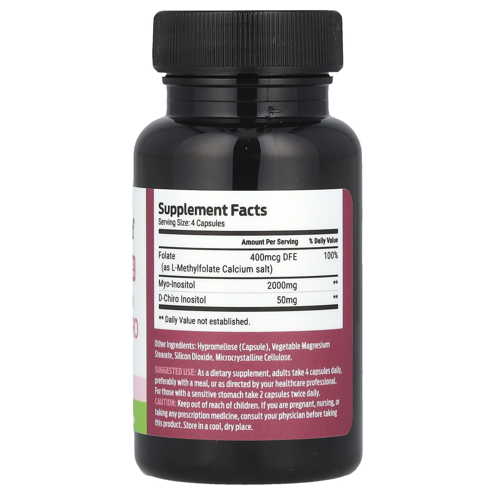Black supplement bottle with label on a white background