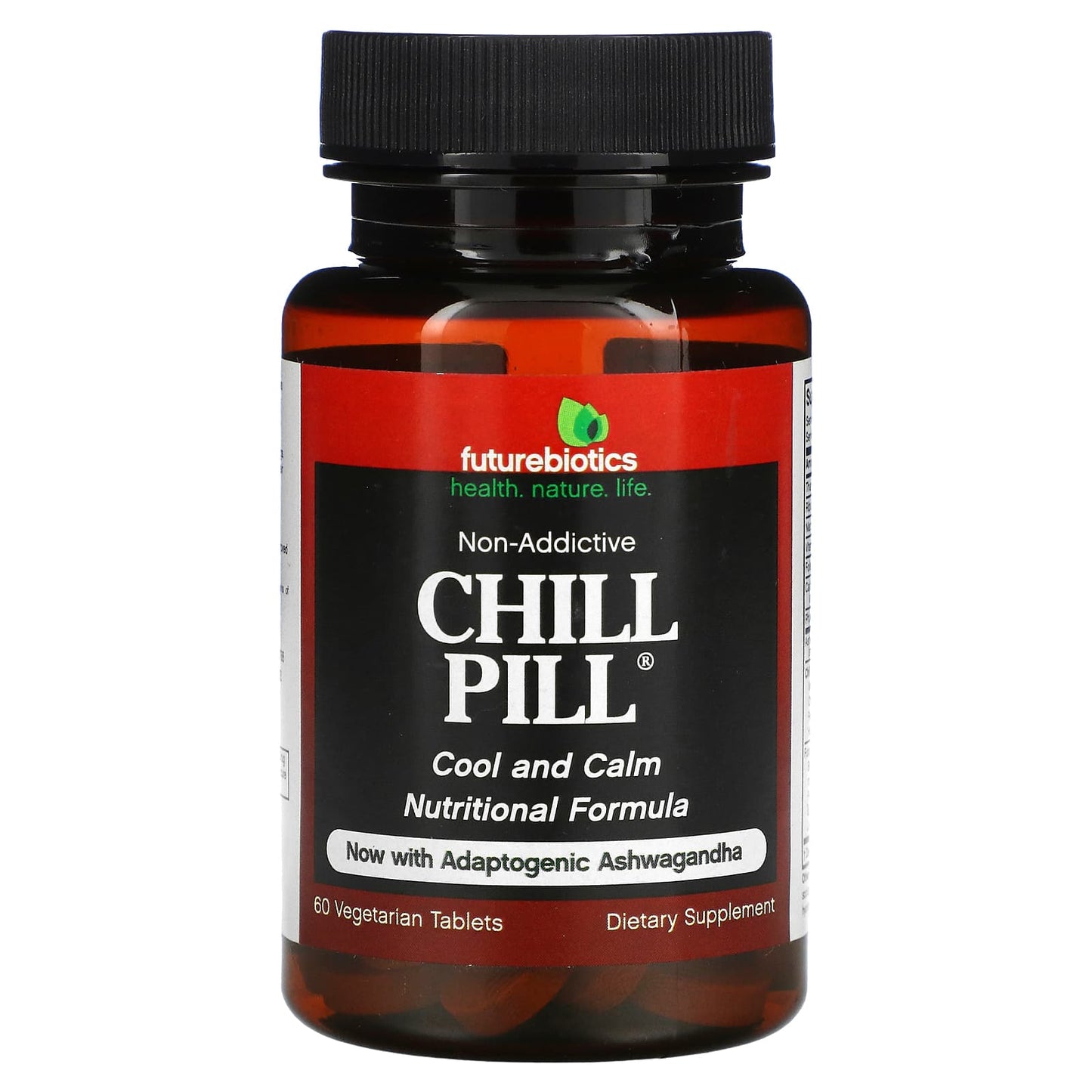 Bottle of 'Chill Pill' nutritional supplement with 'futurebiotics' branding on a white background.