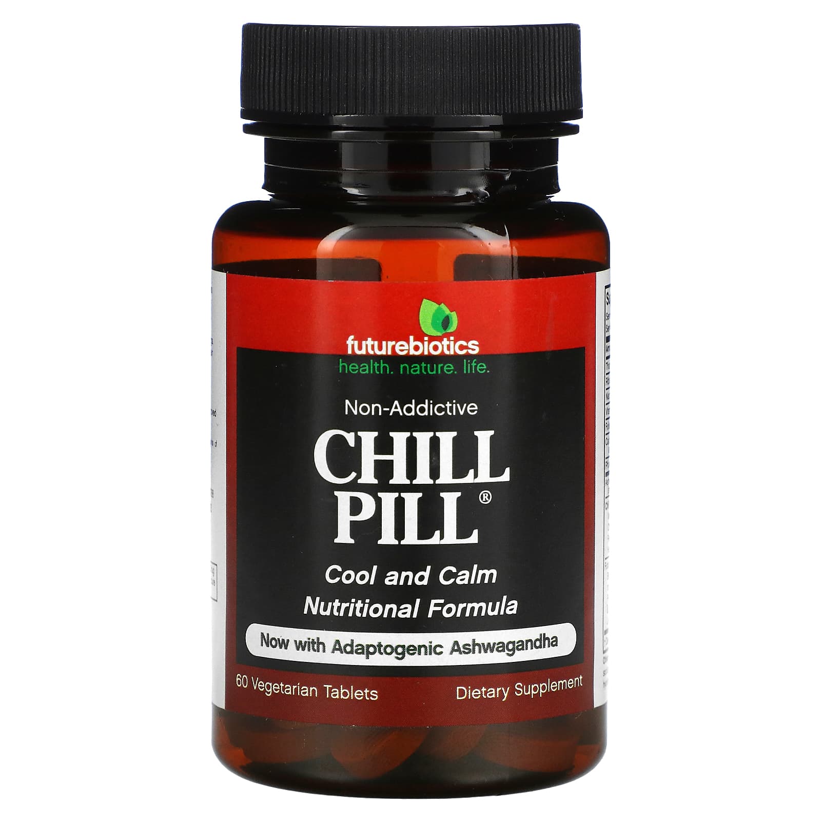 Bottle of 'Chill Pill' nutritional supplement with 'futurebiotics' branding on a white background.