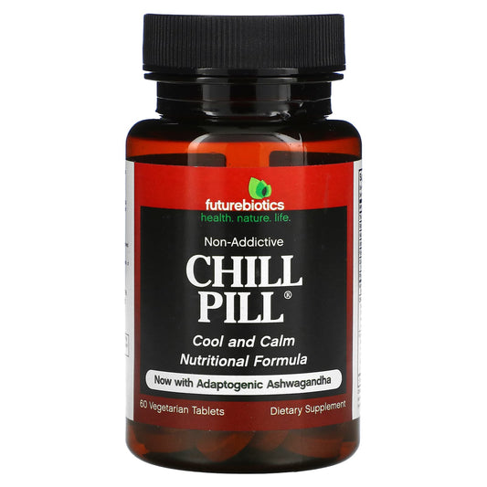 Bottle of 'Chill Pill' nutritional supplement with 'futurebiotics' branding on a white background.