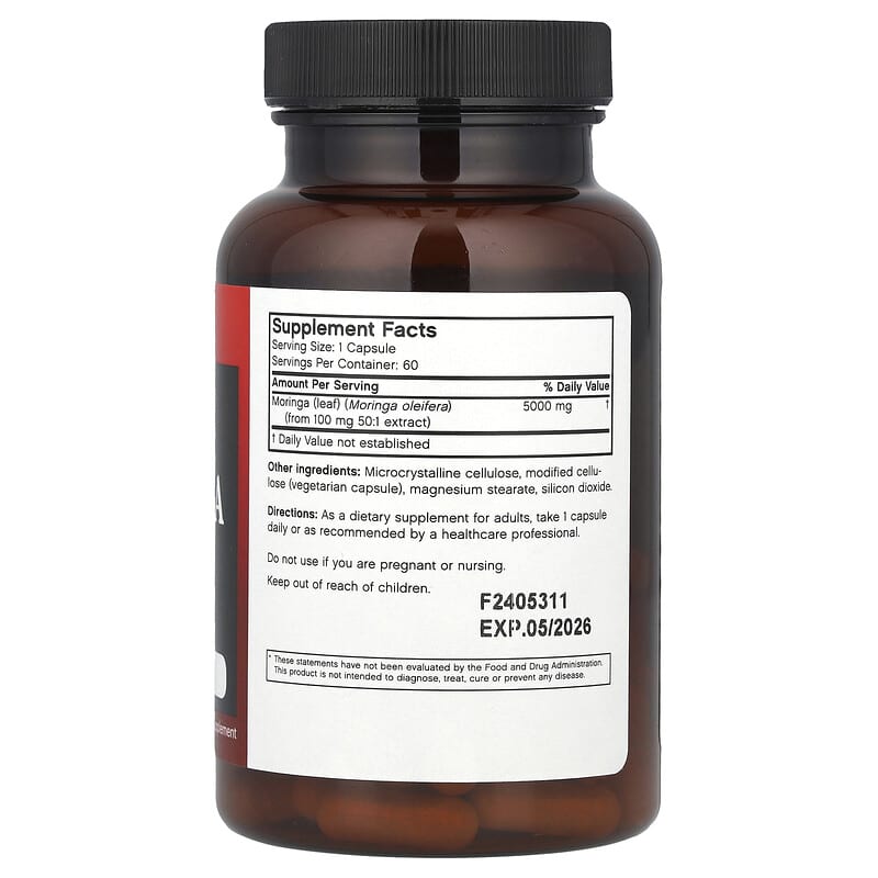Supplement bottle labeled 'Moringa 5000 mg' by Futurebiotics on a white background