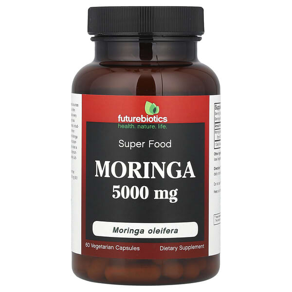 Supplement bottle labeled 'Moringa 5000 mg' by Futurebiotics on a white background