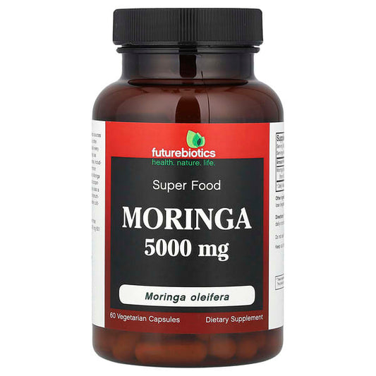Supplement bottle labeled 'Moringa 5000 mg' by Futurebiotics on a white background