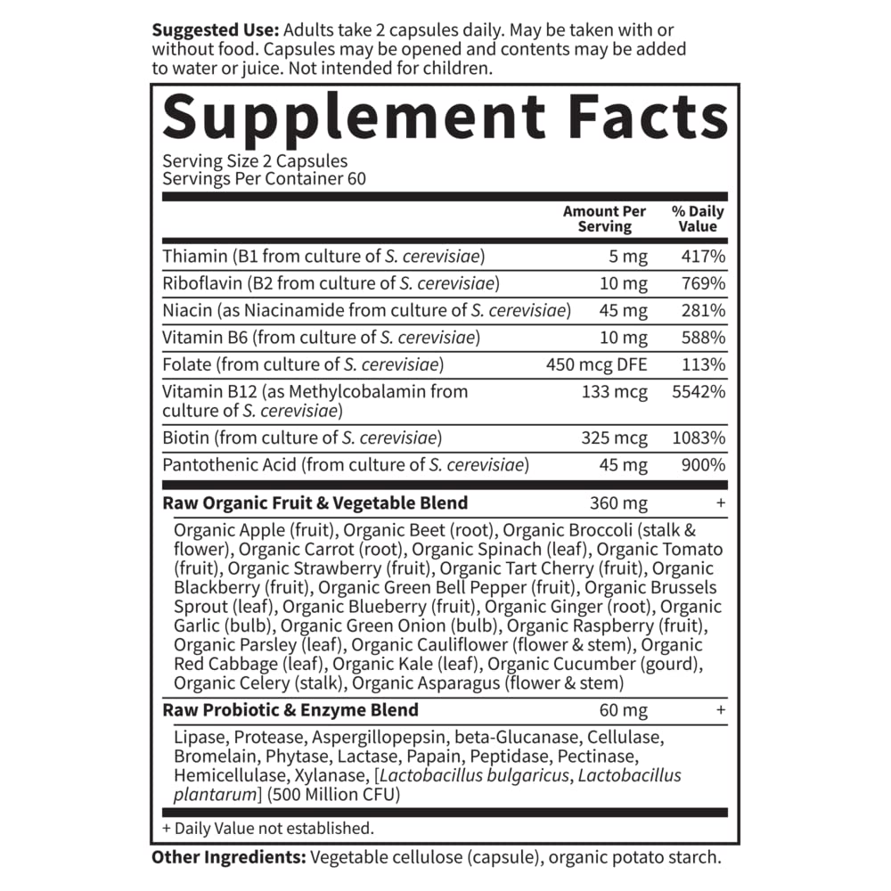 Supplement facts label with detailed nutritional information on a white background