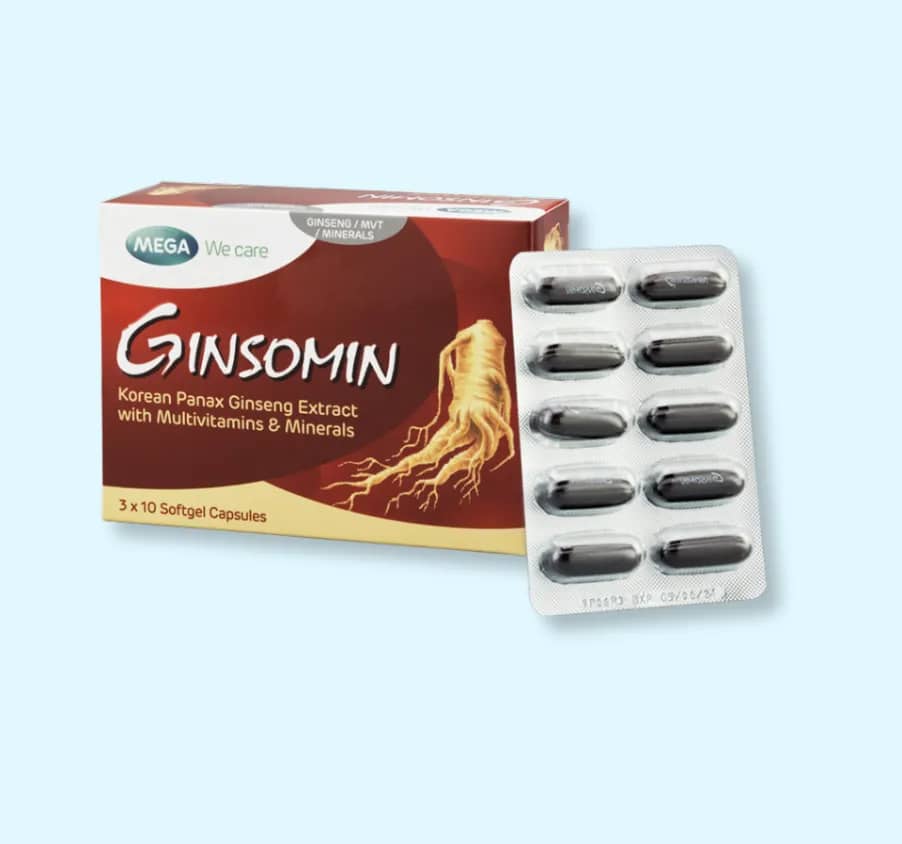 Ginsomin supplement packaging with capsules on a light blue background